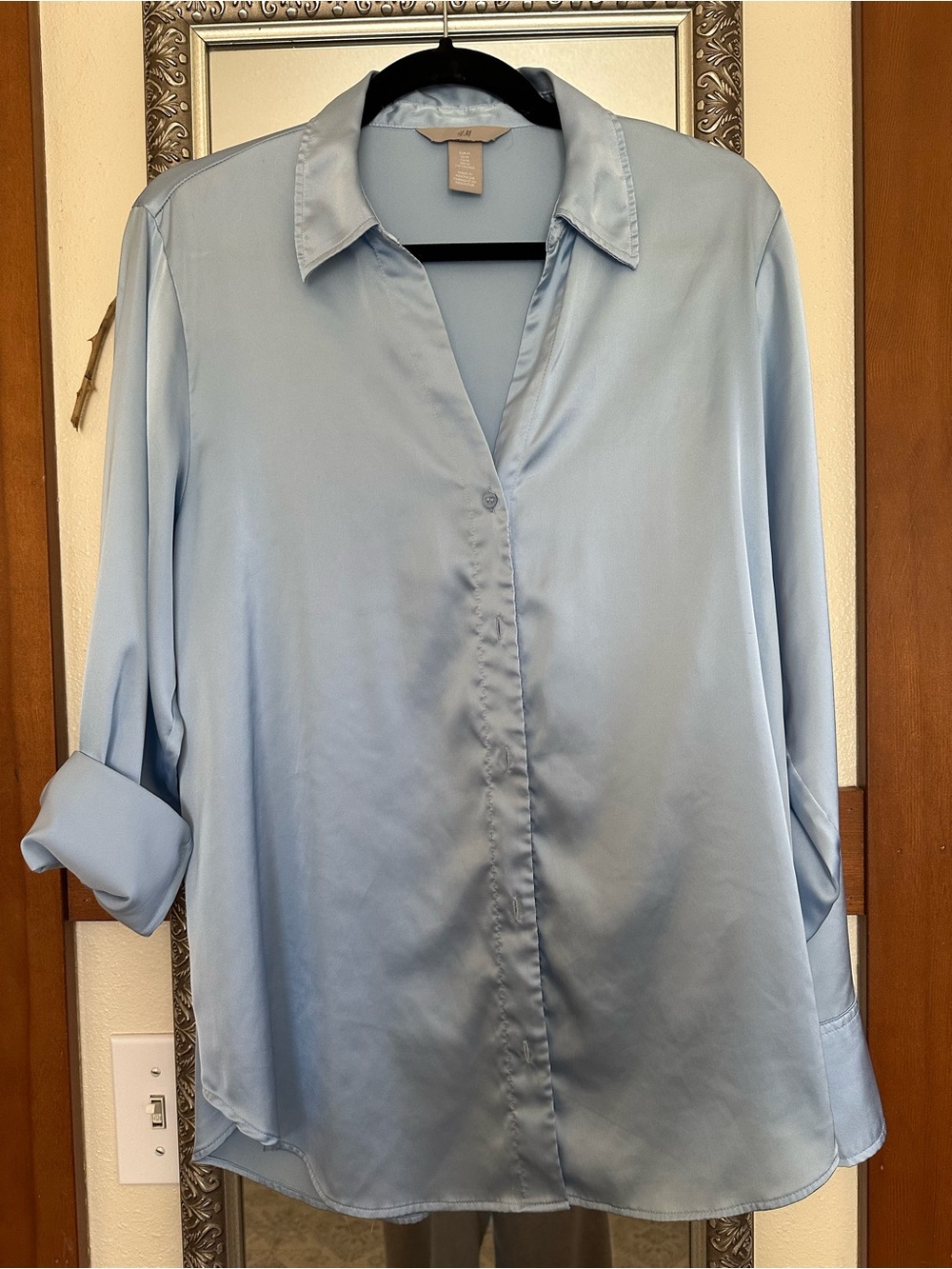 H&M Satin Button-Down Shirt in Pale Blue